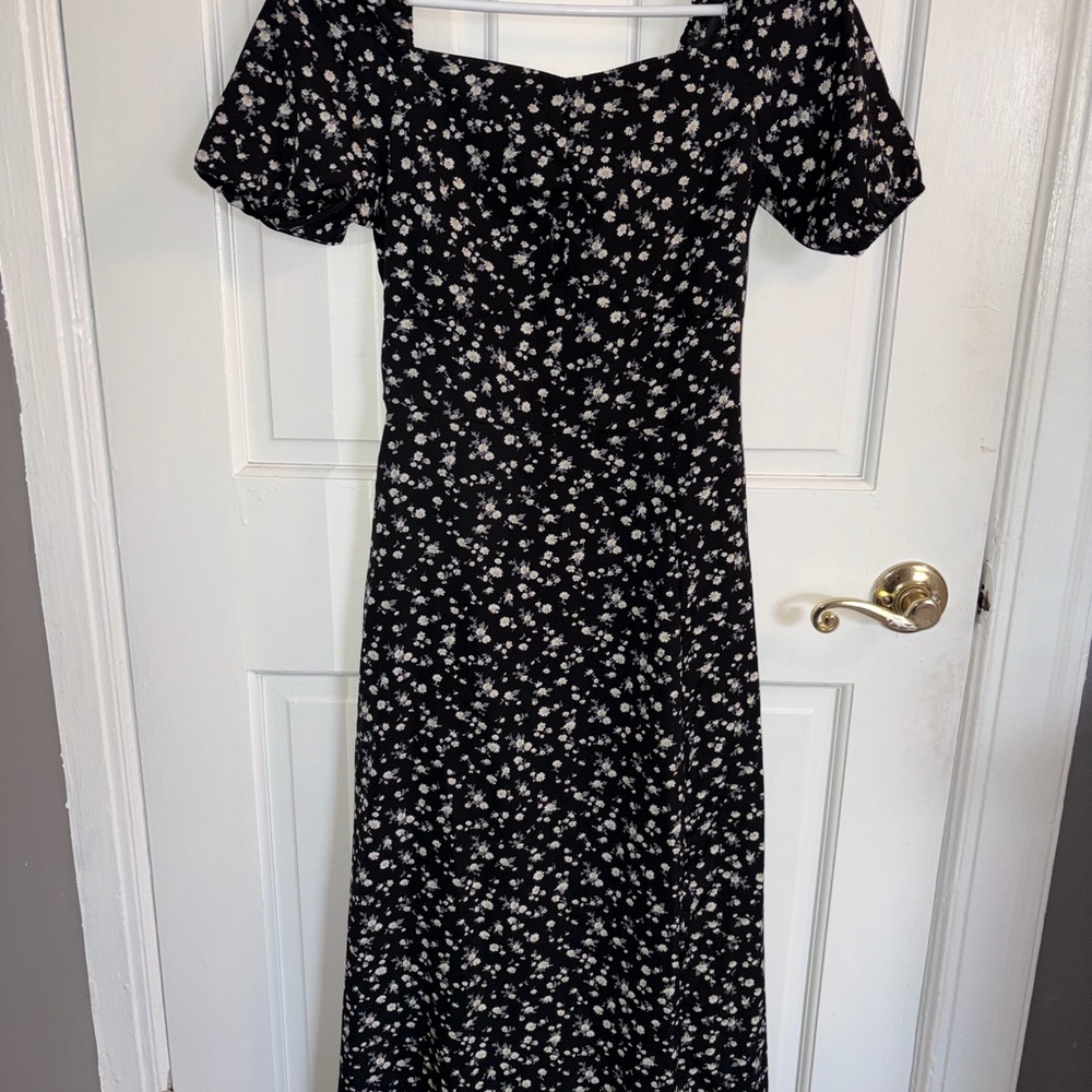 Black Floral Midi Dress with Puff Sleeves
